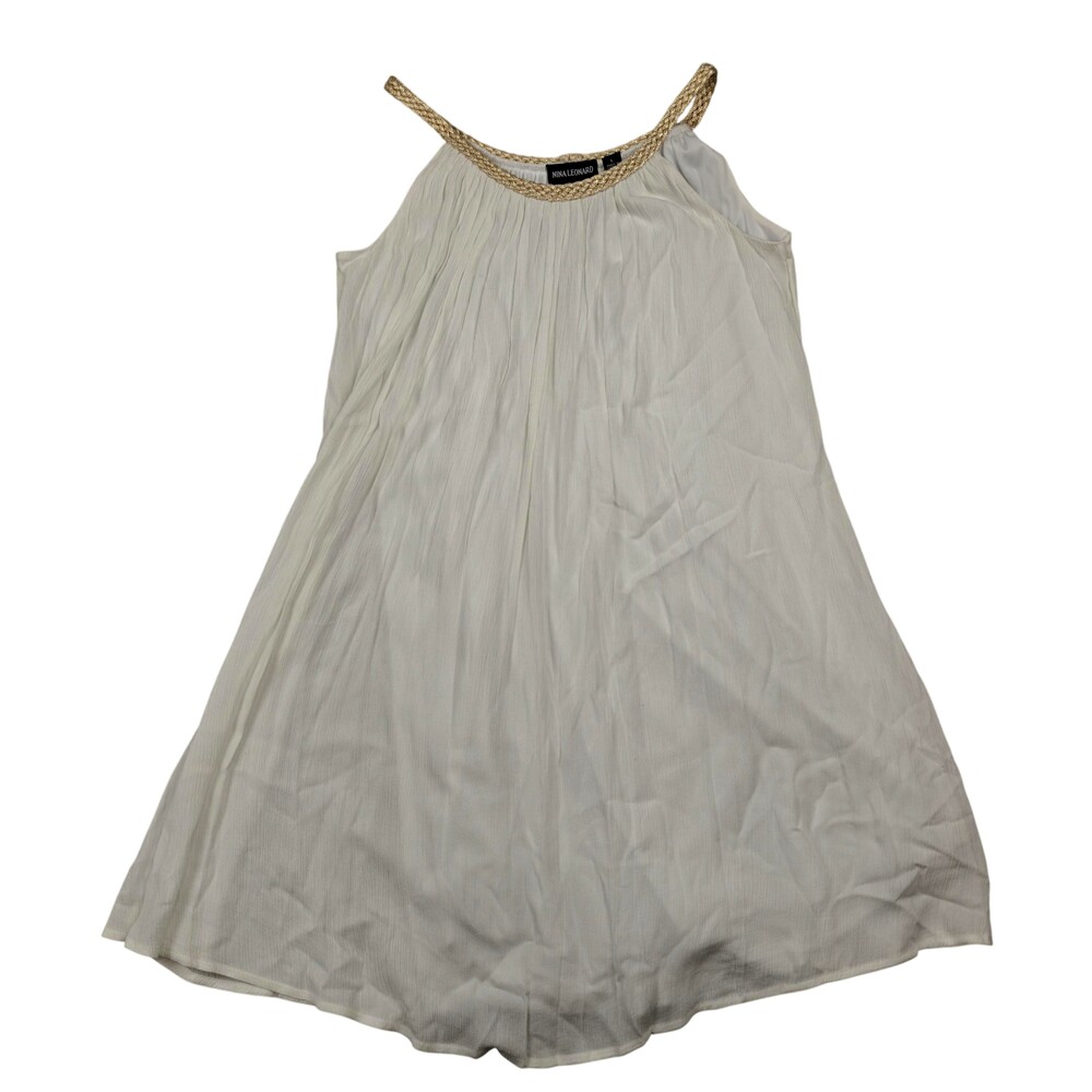 Nina Leonard Dress Womens Large White A-Line Sundress Halter Pleated Lined